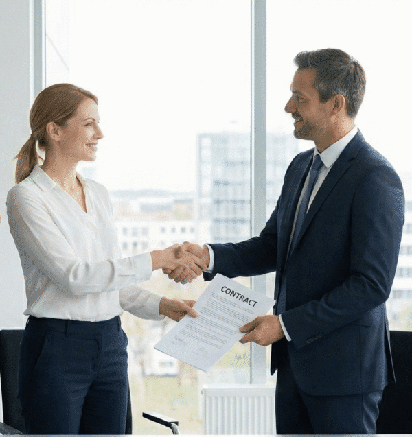 2 persone che fimano un nuovo contratto per la pulizia dei loro uffici